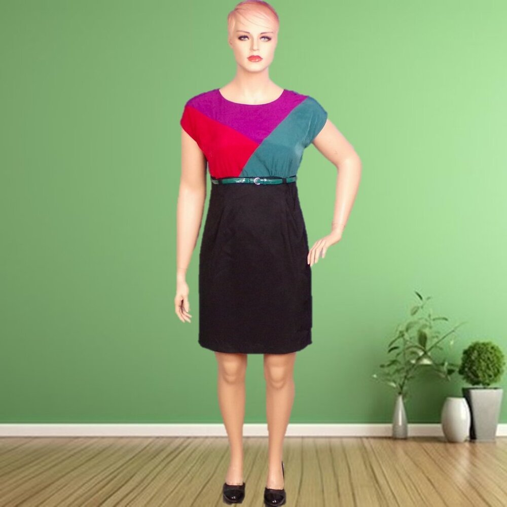 AB STUDIO size 16 black/red/green/plum satin 2 -part cap-sleeve sheath dress